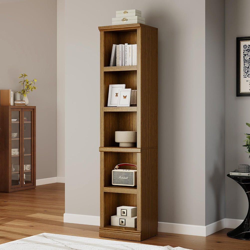 70" Tall Vintage Oak Bookcase, 5 Tiers Narrow Bookshelf for Living Room