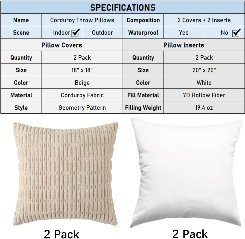2 Pack Corduroy Decorative Throw Pillow with Inserts, 18x18 Inch Soft Boho Th...