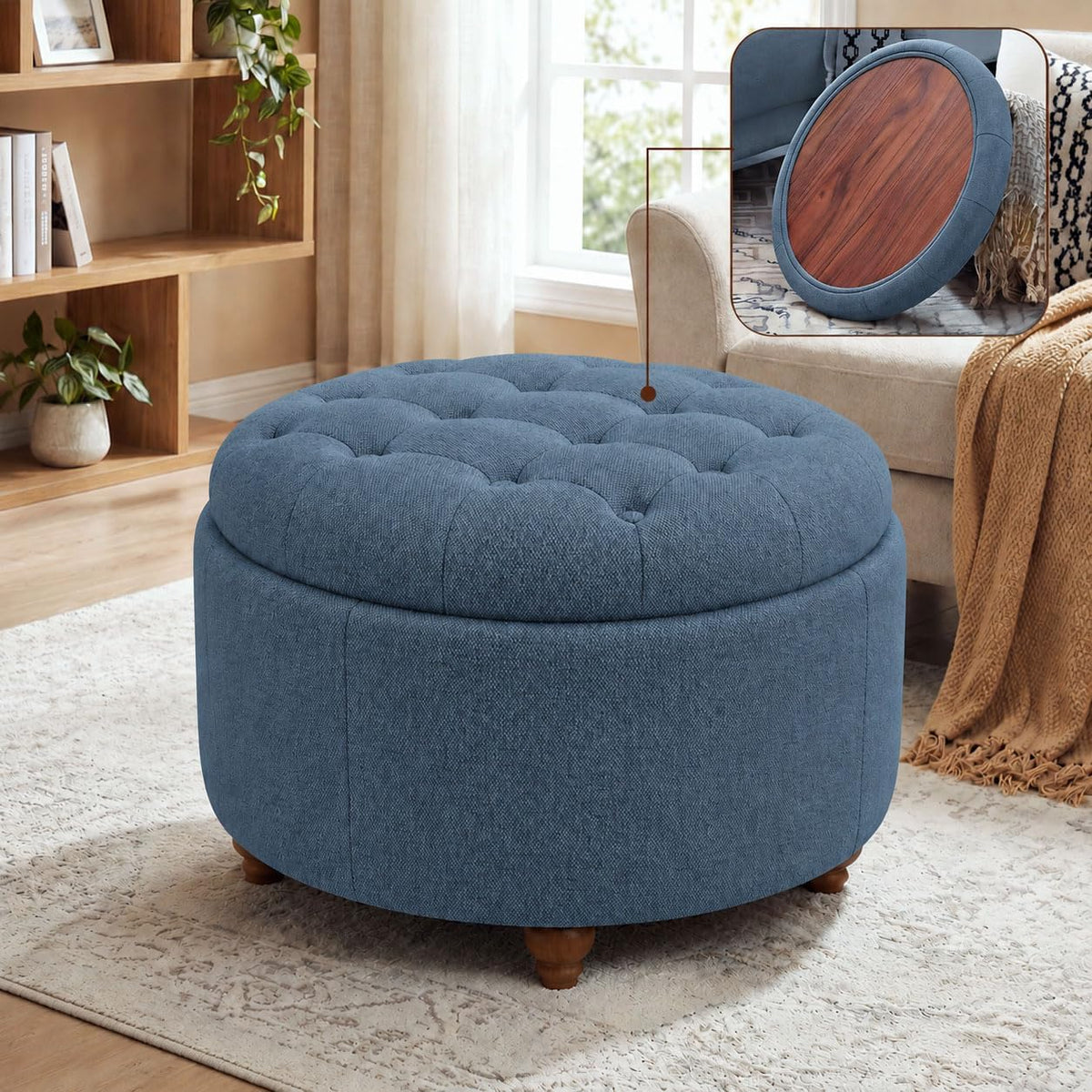 25" Round Ottoman with Storage, Small Coffee Table with Reversible Tray Lid