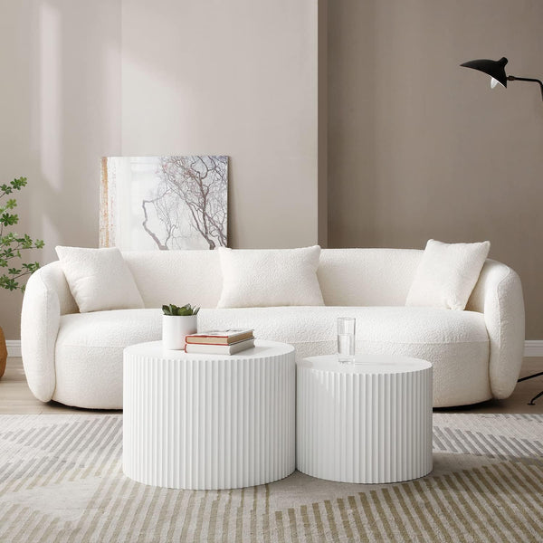 42.52'' White Round Nesting Coffee Table Set of 2 Modern Drum Side End Table for Living Room, Contemporary Wood Circle Embossed Design, No Assembly, White
