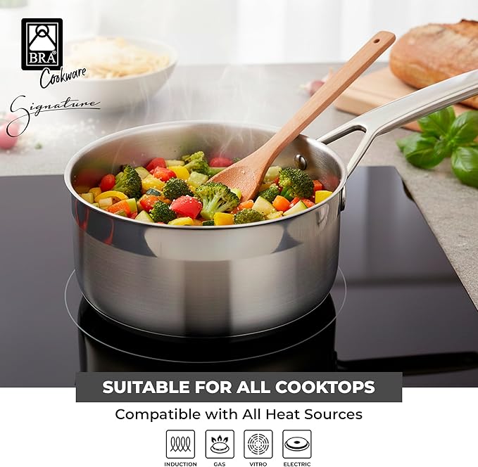 BRA COOKWARE Signature Stainless Steel Sauce Pot w/Glass Lid | 6.3 Inch 1.2