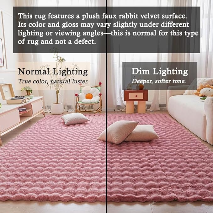 Pink Rabbit Plush Rug 6'x9', Fluffy Faux Fur Shaggy Area Rug - Image 3
