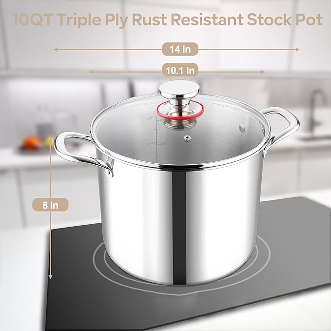 LIANYU 10 Quart Pot with Lid, 10QT Tri-Ply Heavy Duty Stock Pot, 18/10 - Image 2