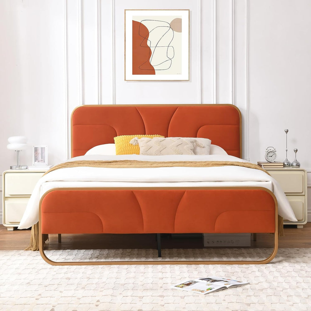 VELOCAVA Full Size Velvet Upholstered Platform Bed with Headboard, Modern Rou...