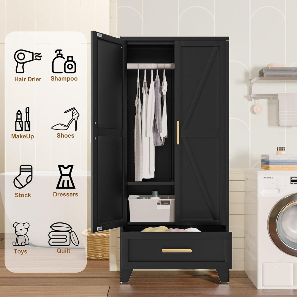 Metal Wardrobe Cabinet,71 Armoire Wardrobe Closet with Drawers and Hanging Ro...