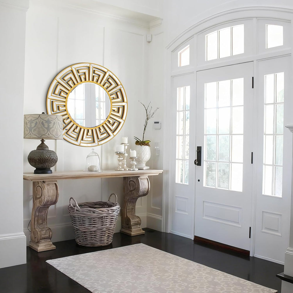 31.5"x31.5" Gold Round Mirror with Decorative Geometric Pattern, Ac...