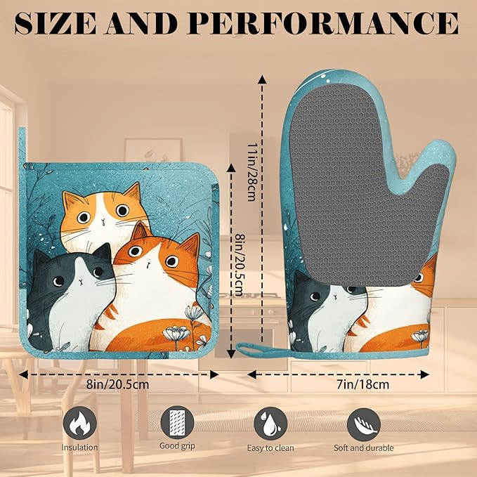 Cute Cartoon Cat Oven Mitts and Pot Holders Sets Funny Cat Silicone Heat - Image 3