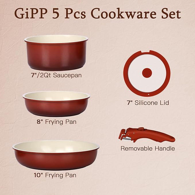 GiPP 5PCS Pots and Pans Set Non Stick, Nonstick Cookware Set Detachable Handle