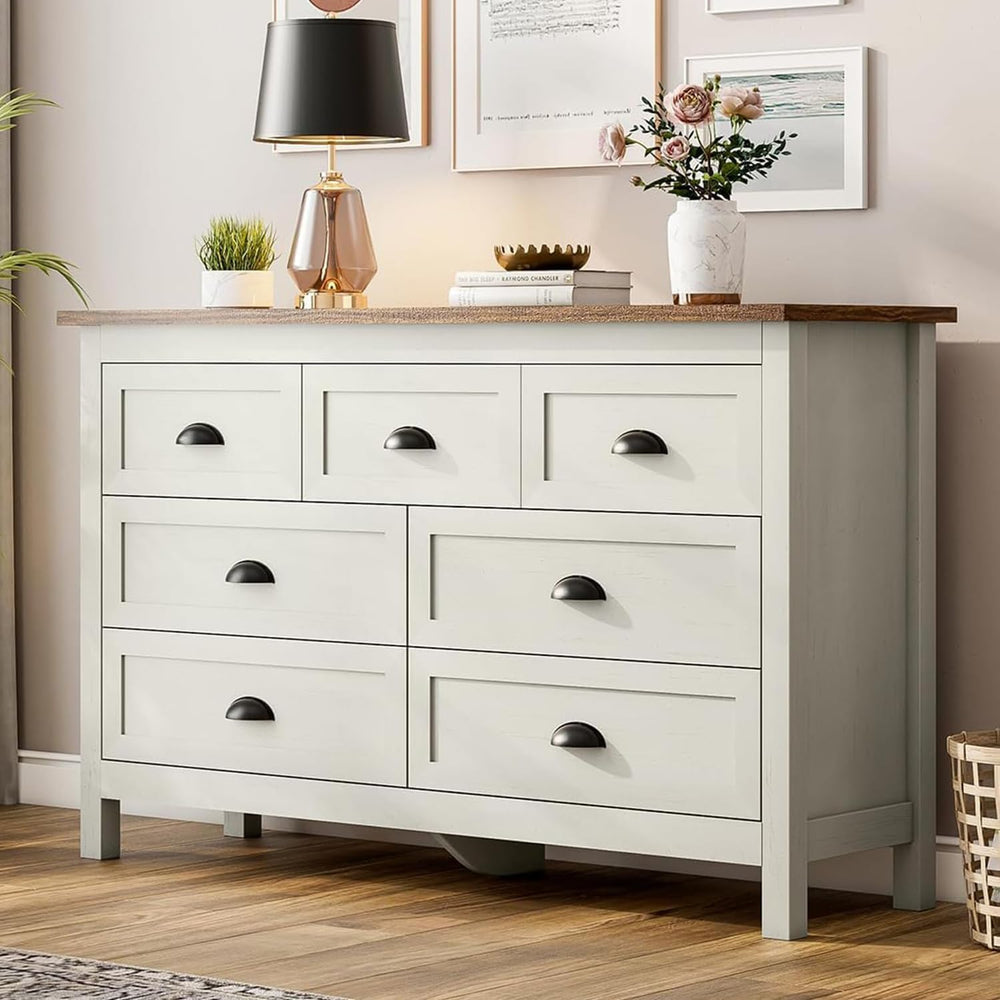Antique White 7 Drawer Double Dresser & 2 Nightstands, 3 Pcs Bedroom Set