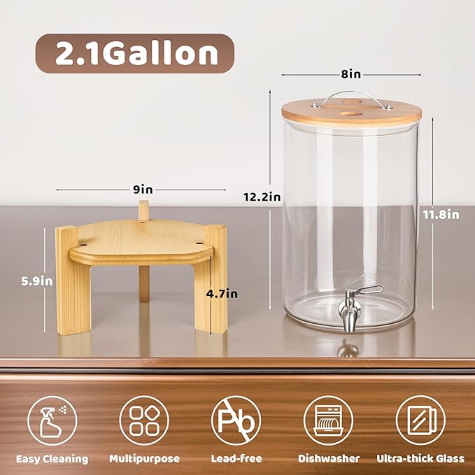 Beverage Dispenser 2.1 Gallon, Glass Drink Dispenser