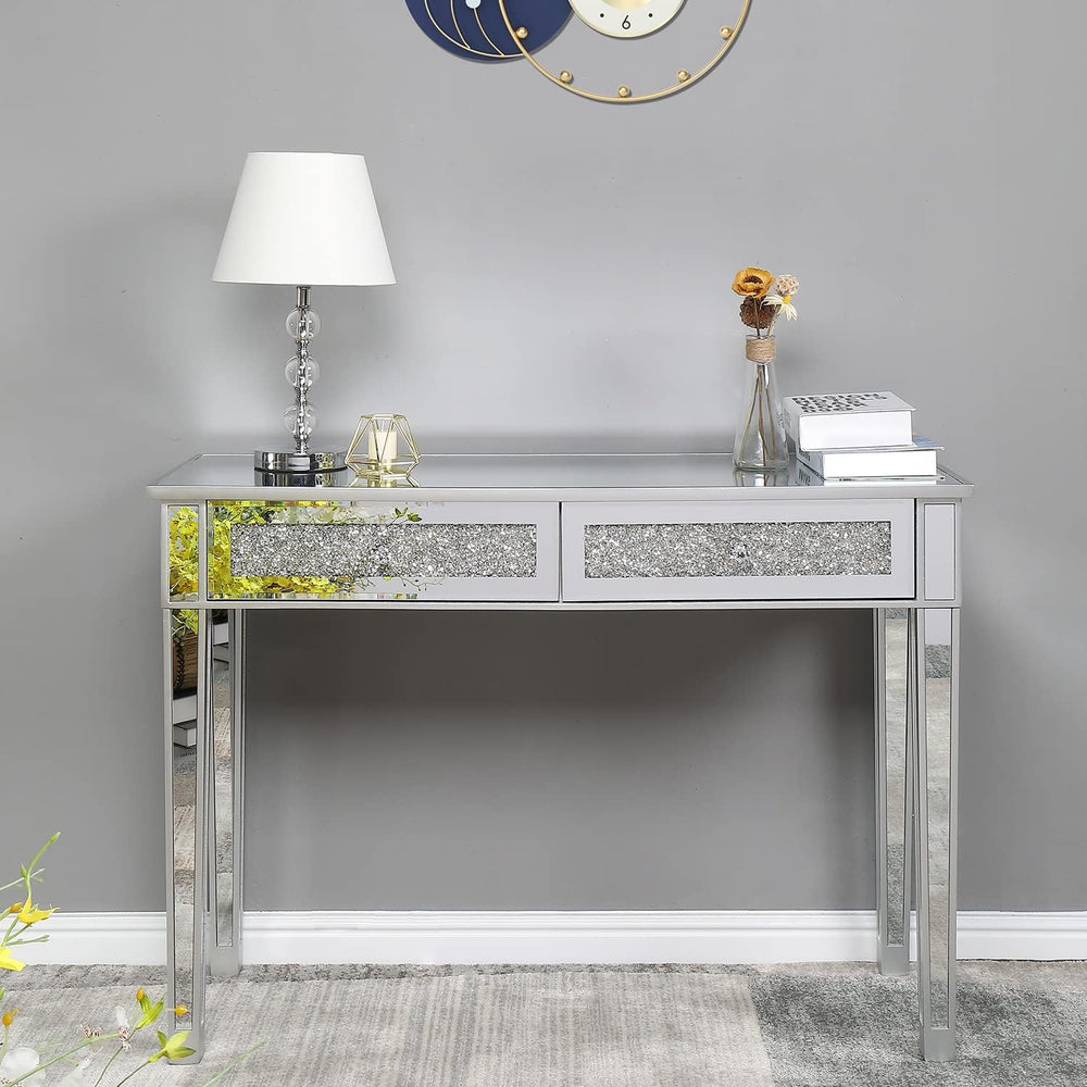 Karl home Mirrored Desk with 2 Drawers Silver Console Table Mirror Sofa Table...