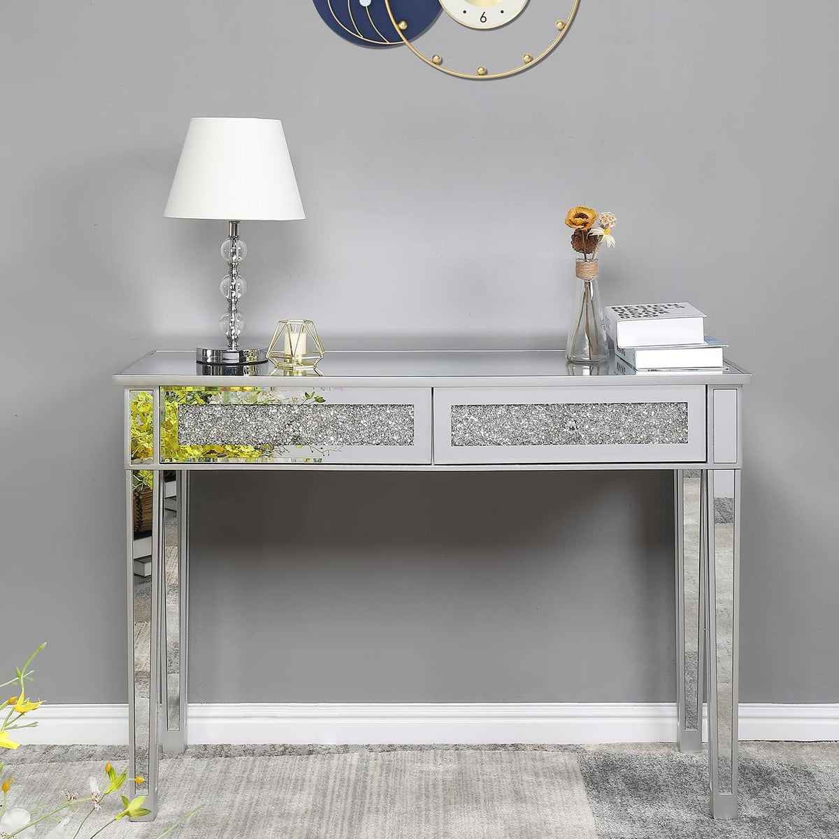 karl home mirrored desk with 2 drawers silver, main product view