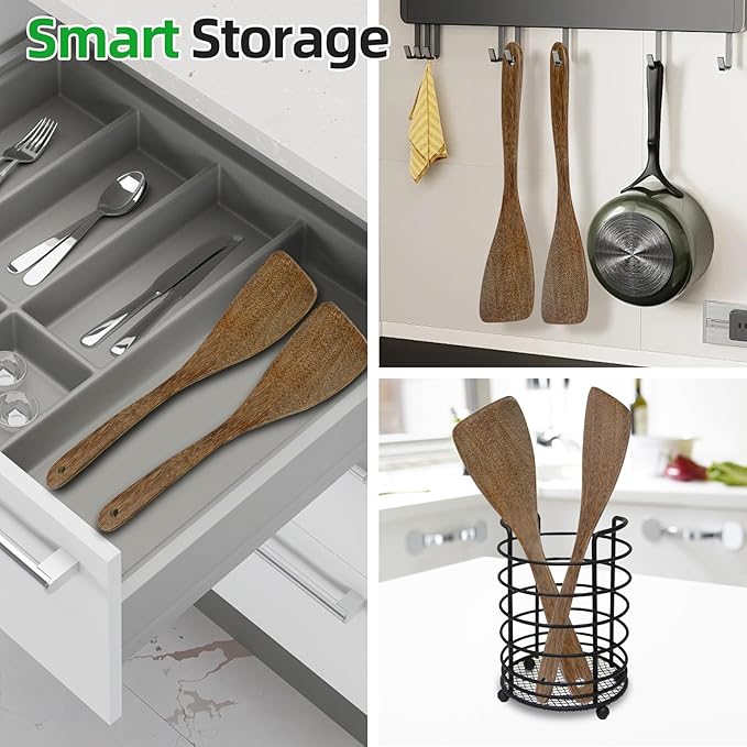 Ecavria 2PCS Wooden Spatula, 12.8IN Wooden Flat Frying Spatulas, Long Handle - Image 5