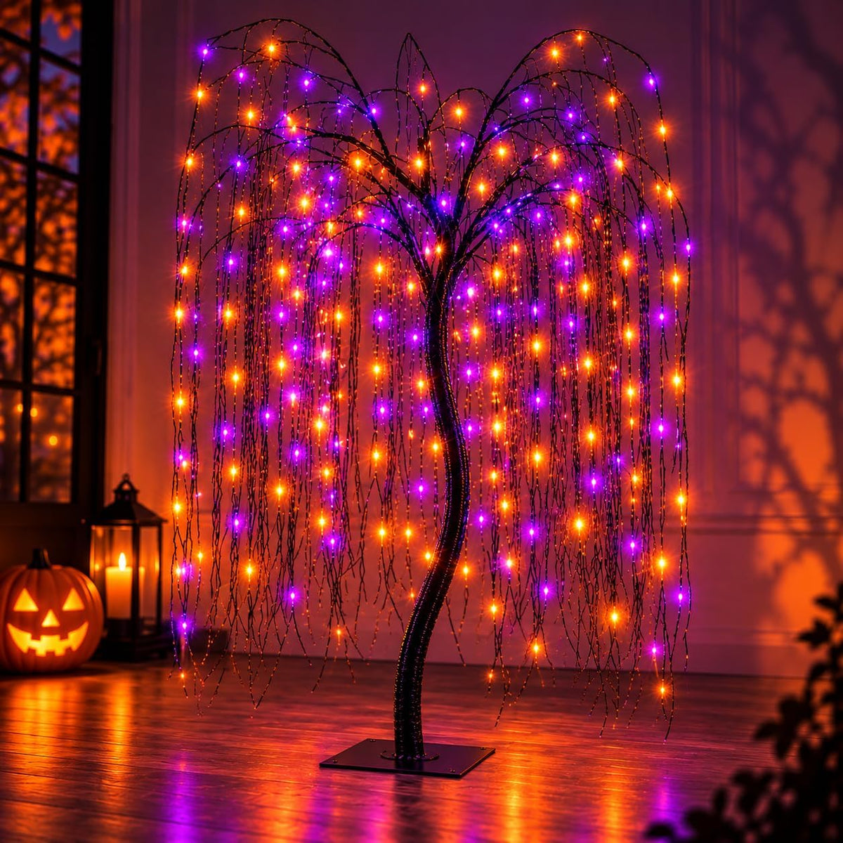 LIGHTSHARE 7 Feet Halloween Willow Tree, 256 LED Lights for Home, Festival, Nativity,Party, and Christmas Decoration,Includes Spiders and White Cobweb,Indoor Outdoor Use,Orange & Purple
