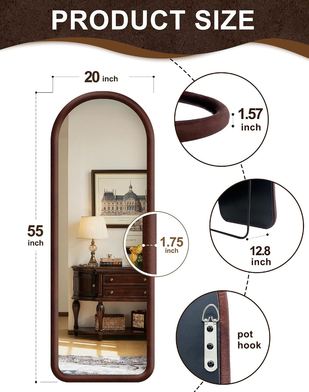 Arched Full Length Mirror, Free Standing Floor Velvet Finish Frame Mirror for...