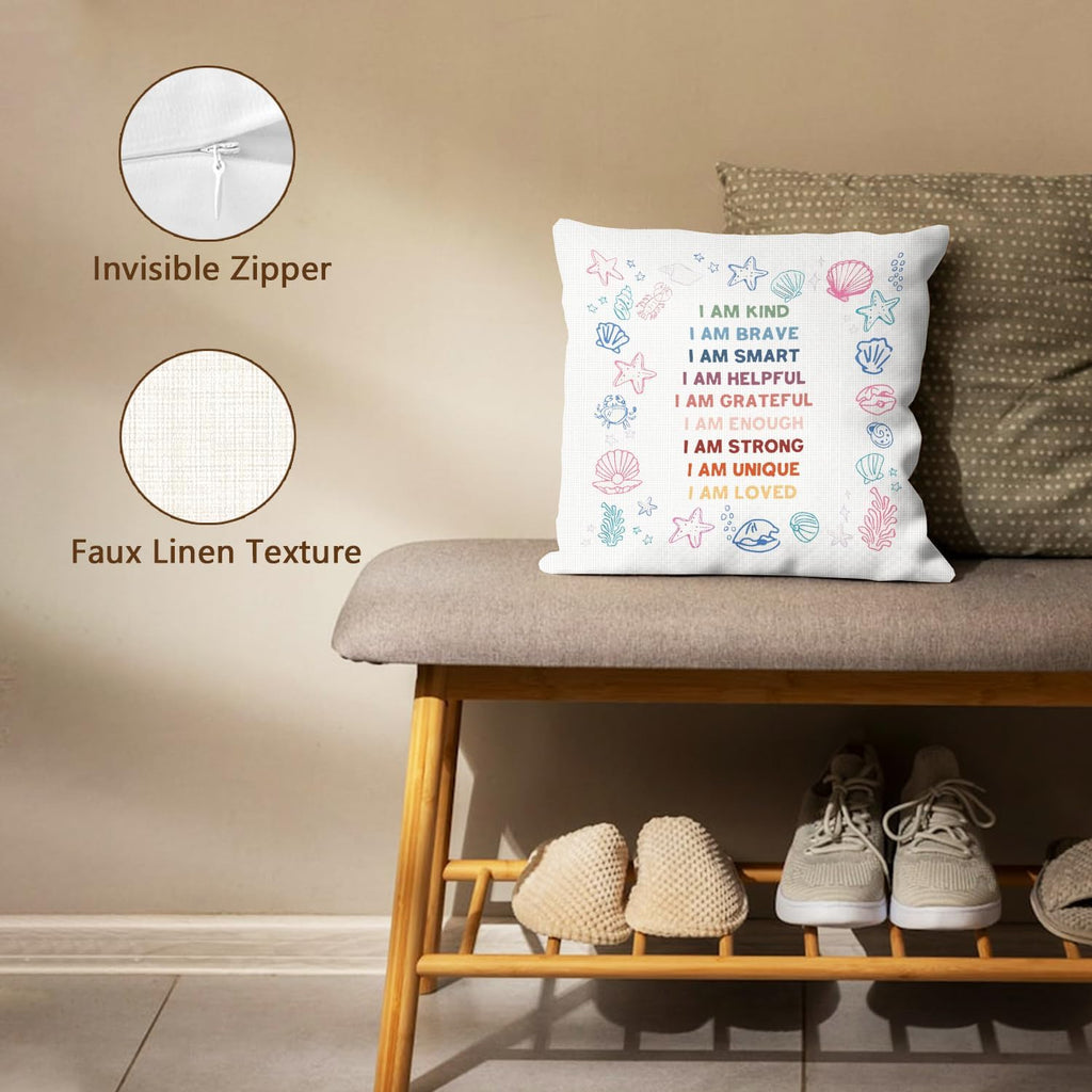 Ocean Under The Sea Nursery Kids Pillow Cover 18x18, Positive Affirmations for Kids, Preppy Coastal Beach Nautical Pillow Cover for Nursery Classroom Boys Girls Room Playroom Decor