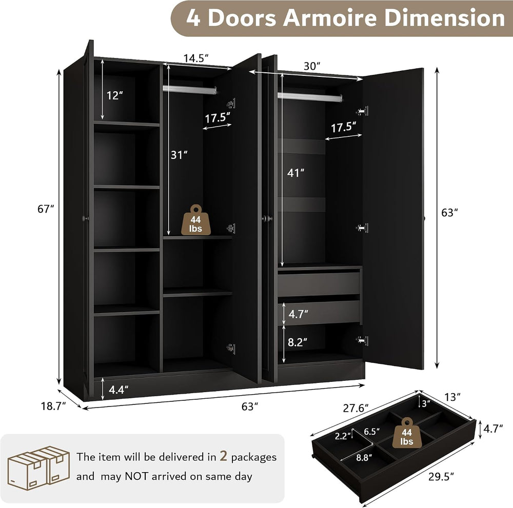 iPormis 4 Doors Armoire Wardrobe Closet with 2 Drawers, 63" Large Wardro...