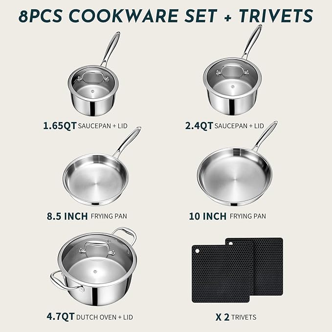 3 Ply Stainless Steel Cookware Set, AIVIKI 10-Pieces Pots and Pans Set