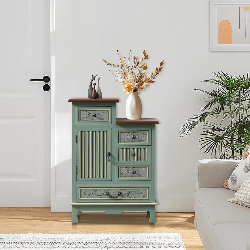 Vintage Accent Chest with 5-Drawers and Door Carved Wood Storage Cabinet Mode...
