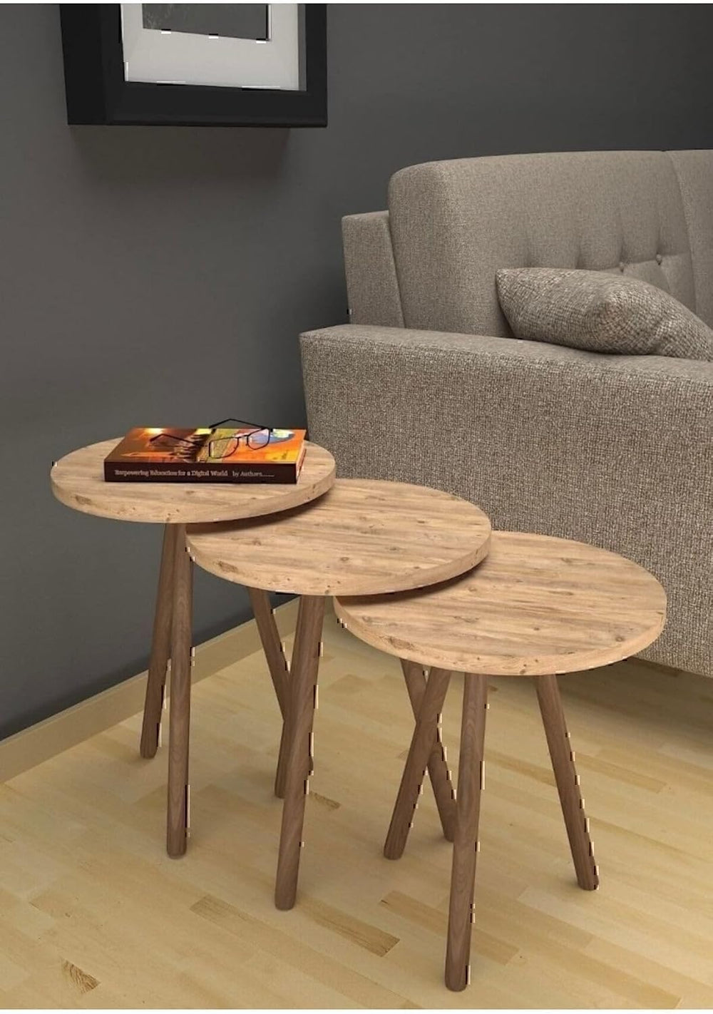 3 Piece Round Nesting Side Table Set - Hobistan Modern Style Wood Legs Coffee...