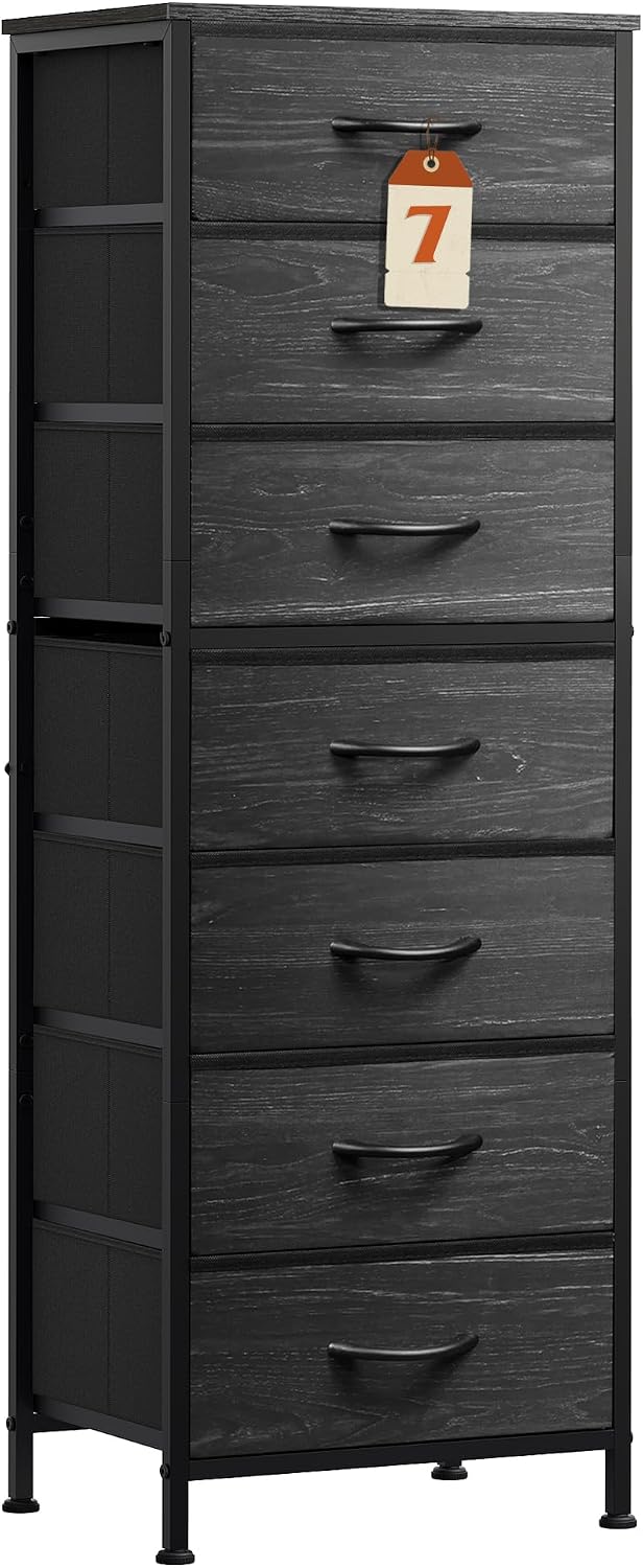 WLIVE Tall Dresser for Bedroom, 7 Drawer Dresser, Black Wood Grain