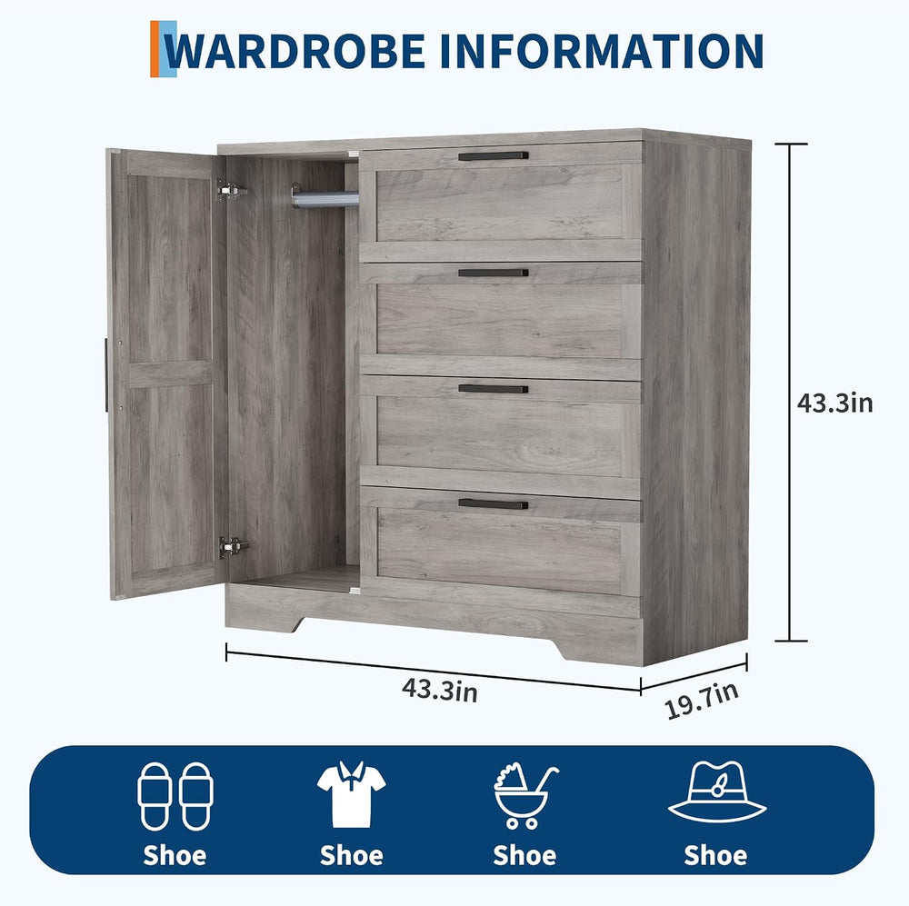 IDEALHOUSE 43.3'' H Armoire Wardrobe Closet with 4 Drawers and Hangin...