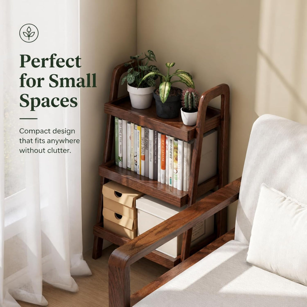 Solid Oak Small Bookshelf, 3 Tier Ladder Shelf Walnut Bookcase | Ladder books...