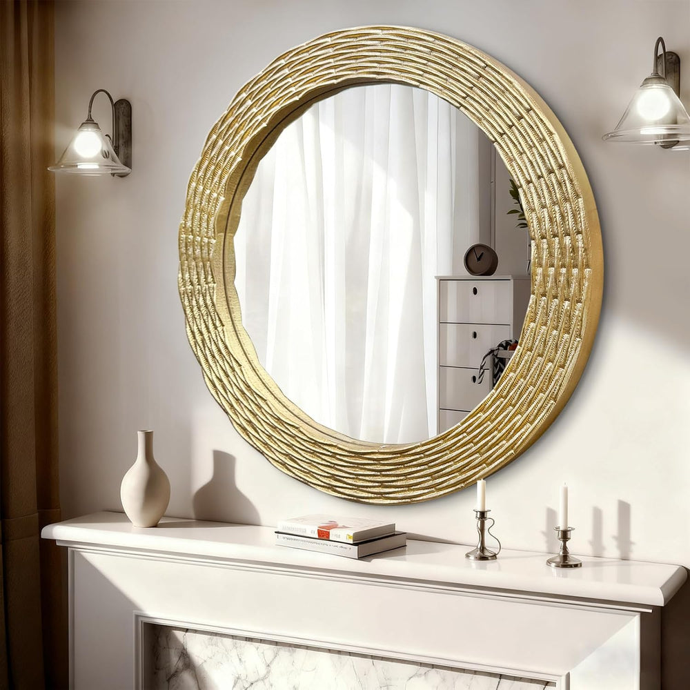 WAMIRRO Gold Round Wood Mirror, 36 Inch Hand Carved Solid Wood Frame Circle M...