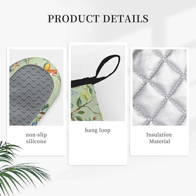 Bird Oven Mitts and Pot Holders Sets 3PCS, Floral Botanical Print Silicone Oven - Image 3