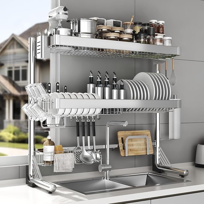 Over The Sink Dish Drainer Drying Rack 3 Tier, Full Stainless Steel Dish Drying by CUISIBOT