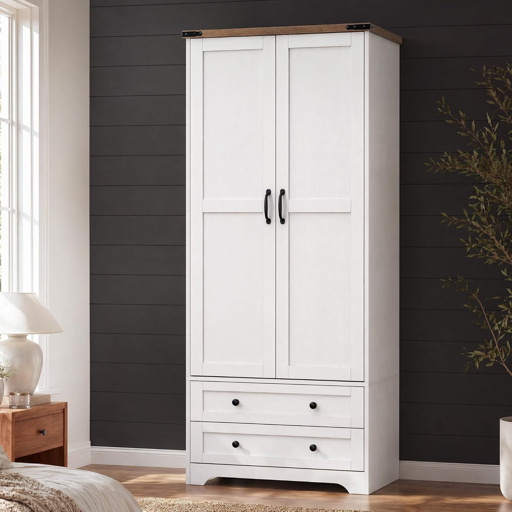 71" Wooden Armoire Wardrobe Closet with 2 Doors & 2 Drawers, White