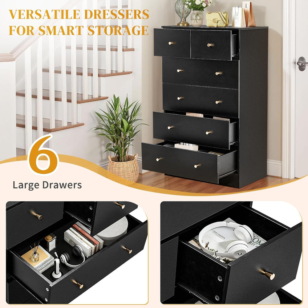 Karl home Black 6 Drawer Dresser, Rose Gold Handle Modern Bedroom Chest