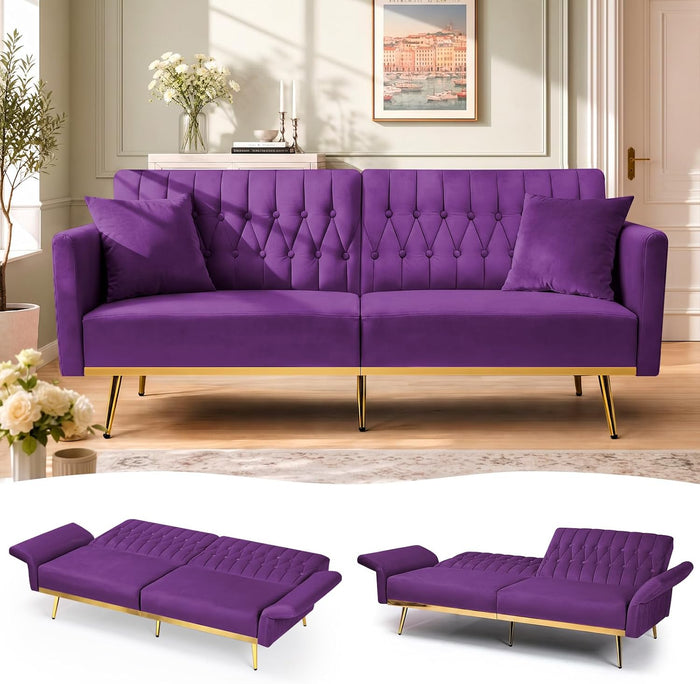 70” Velvet Futon Sofa Bed w/Adjustable Armrests, Purpel