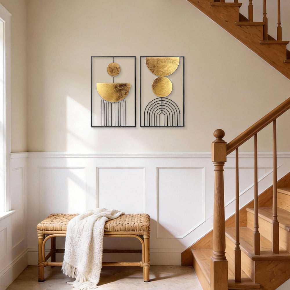 Abstract Geometric Wall Decor Set, Gold and Black Metal Wall Art with Circula...