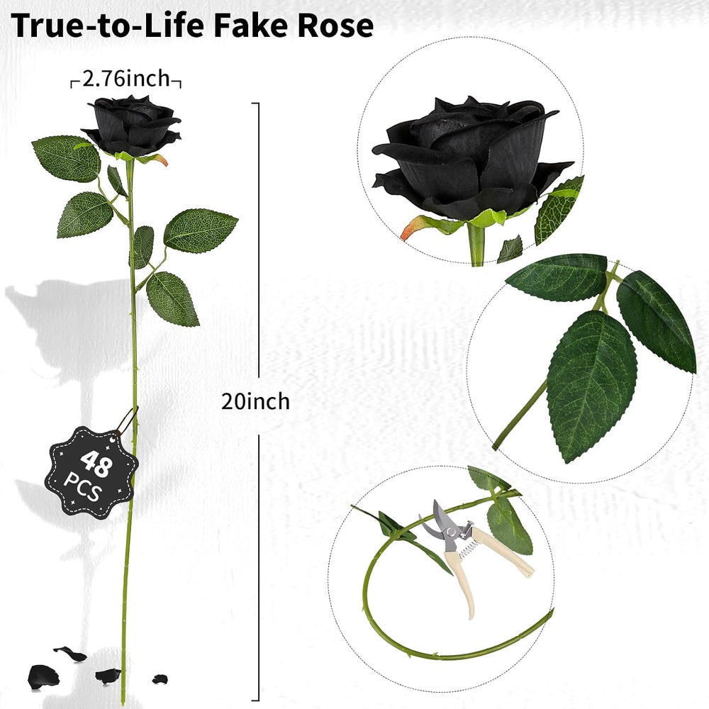 AmyHomie 48 PCS Black Roses, Velvet Realistic Fake Flowers w/Stems