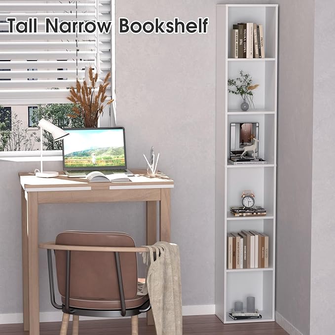 Tall Narrow Bookshelf 6-Tier Bookcase,70.5" Skinny Thin Corner Shelf Sli...