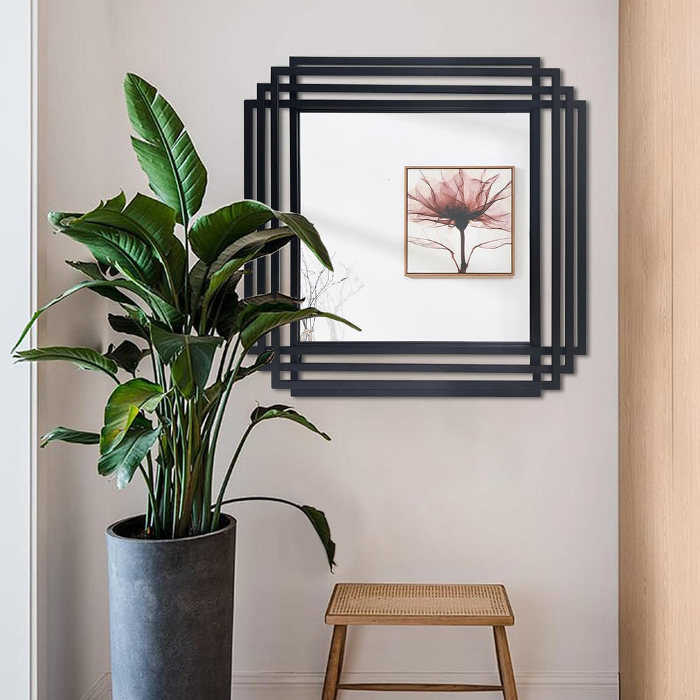 24"x24" Square Decorative Wall Mirror with Black Geometric Frame