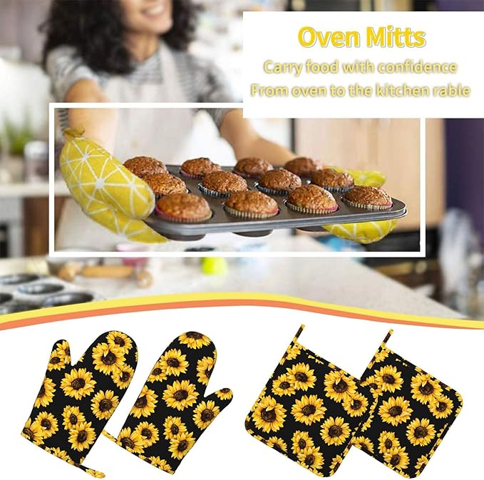 Pretty Sunflower Stylish Oven Mitts and Pot Holders Sets of 4, Heat Resistant - Image 7