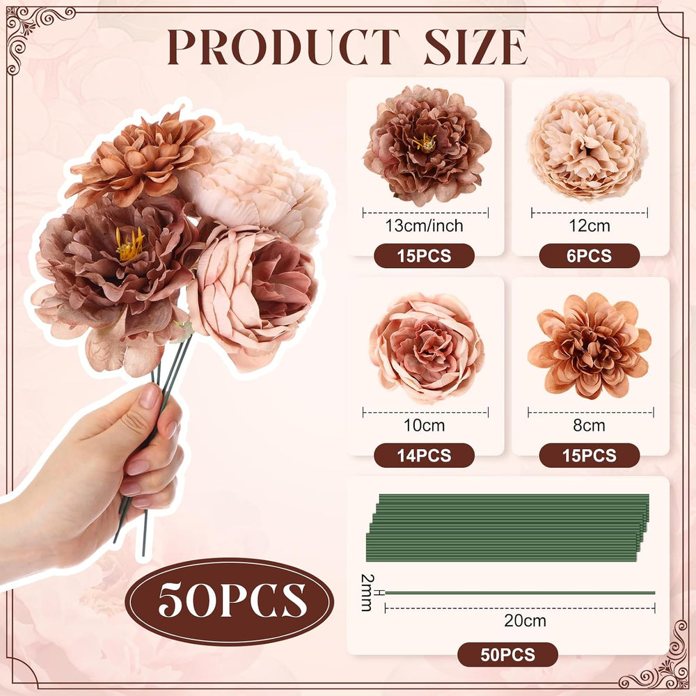 50 Pcs Brown Artificial Flowers Combo Set with Stem