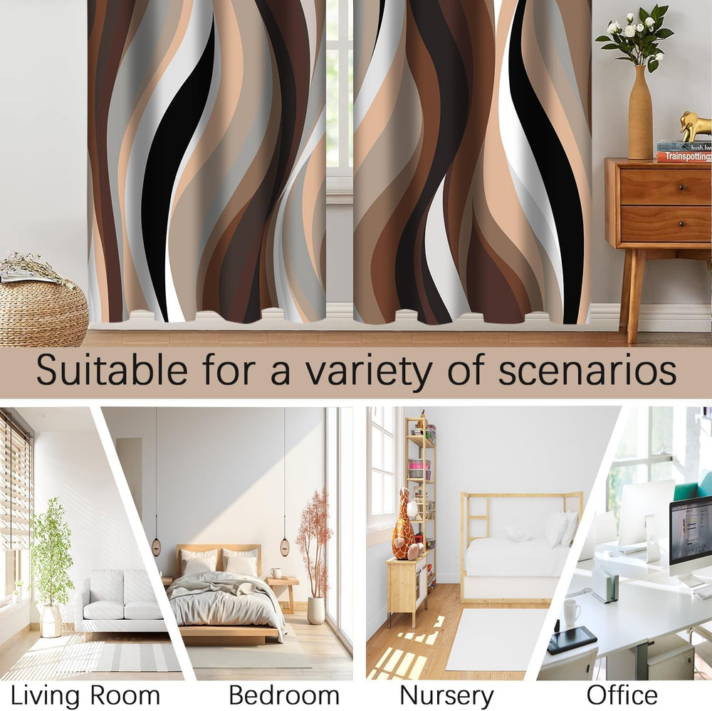 Brown Abstract Blackout Curtain, Stripe Black White Gray Aesthetic Art Window...
