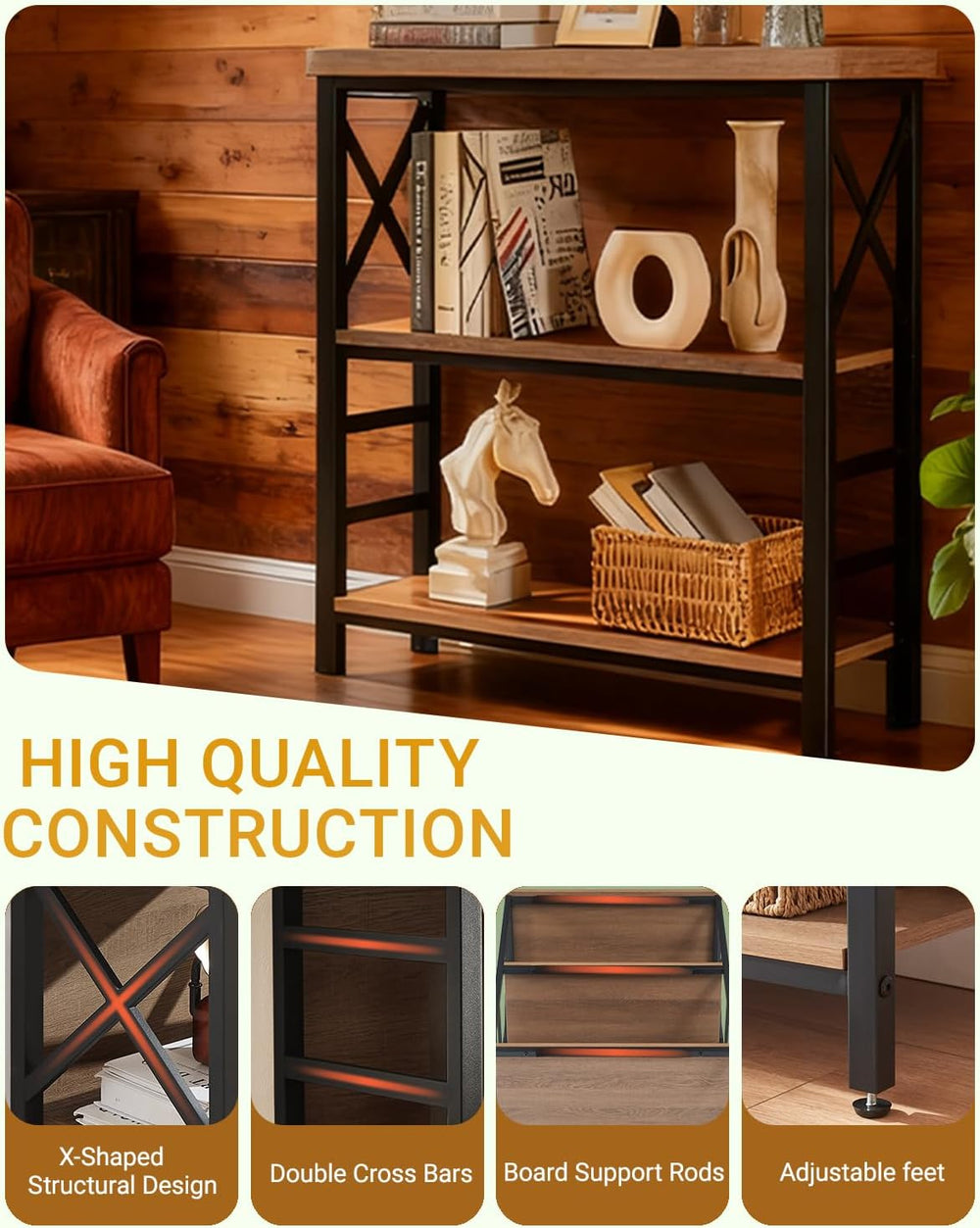 MNEETRUNG Book Shelf, Small 3-Tier Industrial Bookshelf with Strong Metal Fra...