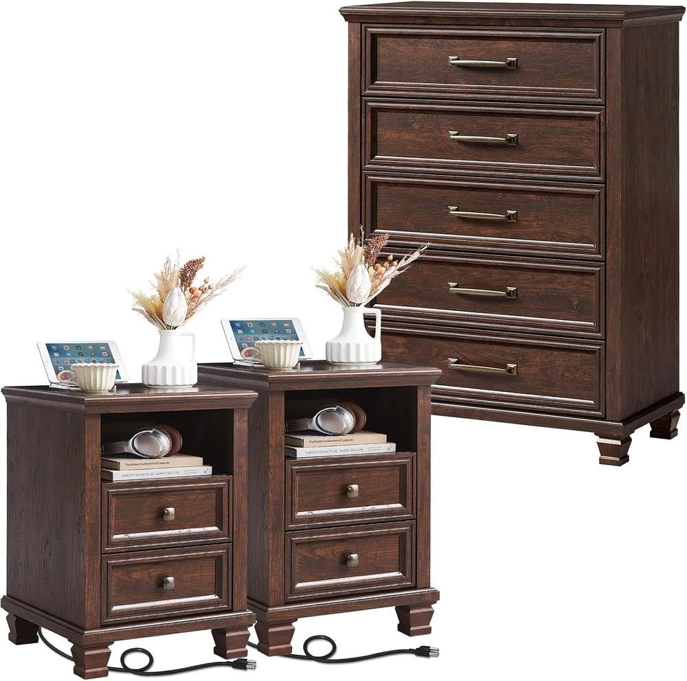 Farmhouse Dresser and Nightstand Sets 3 Piece, Walnut