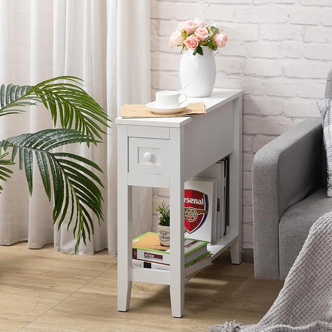 Narrow Side Table for Small Spaces, White, Set of 1, 24" L x 8.5" W...