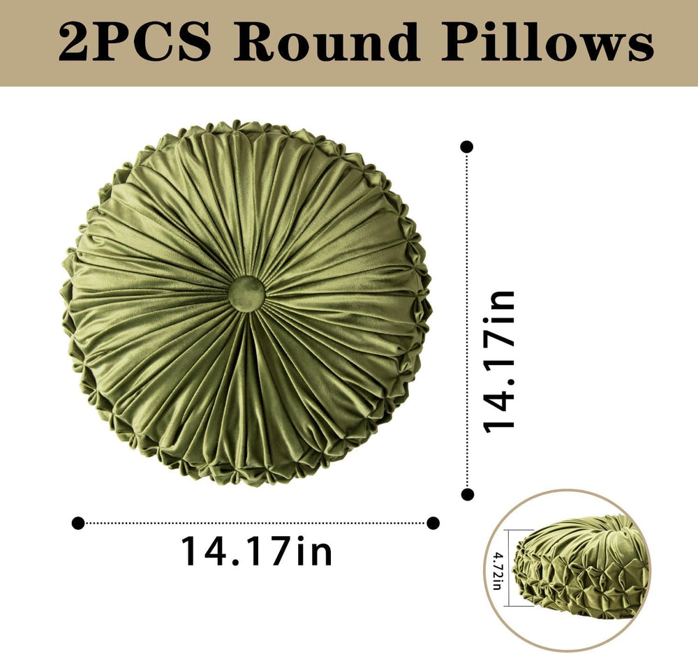 Round Throw Pillow Set of 2 – Decorative Velvet Ruched Pumpkin Pillows with B...