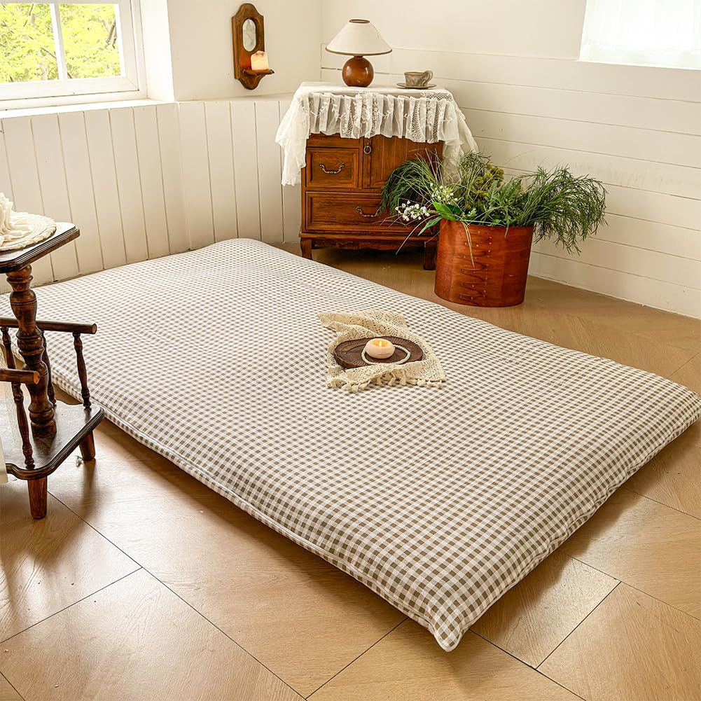 tan gingham queen japanese floor mattress futon cover shown in use