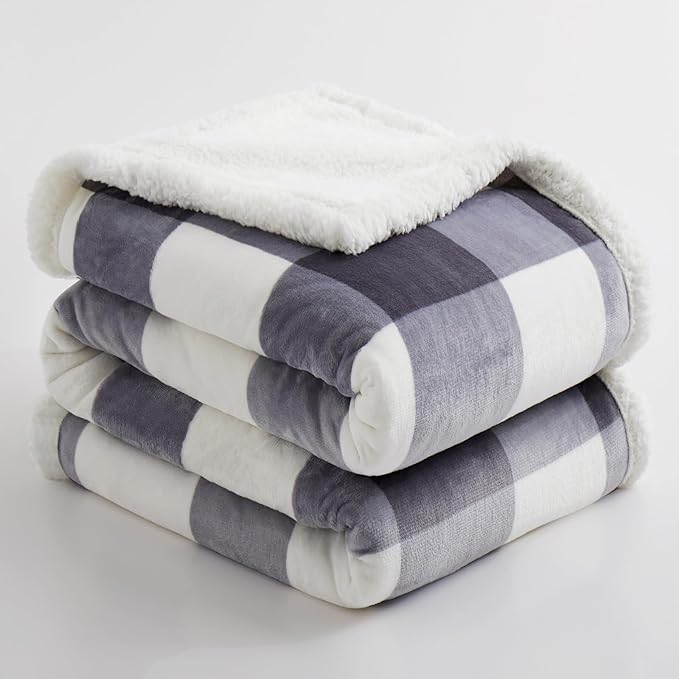 PU MEI Sherpa Blanket Fleece Throw Blanket Full Queen Plaid Thick Bed Blanket - Image 6