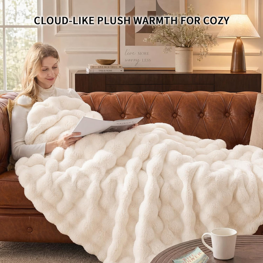 Cozy Bubble Faux Fur Twin Blanket for Couch, 60x80 Cream | Luxury Plush Fluffy Thick Blanket, Warm Soft Fuzzy Throw for Sofa Chair Bedroom and Living Room
