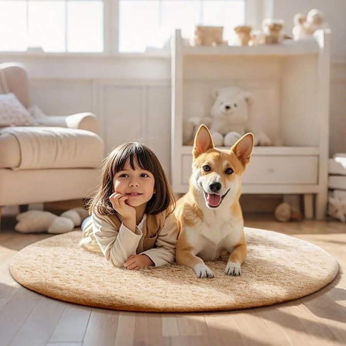 Ophanie Round Rug 4Ft Beige Circle Area Rug, Fluffy Fuzzy Small Bedroom Carpet - Image 3