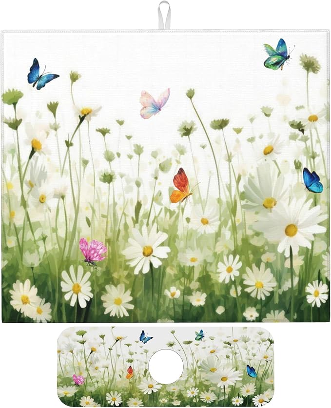 Vintage Watercolor Daisy Butterfly Dish Drying Mat by Unknown
