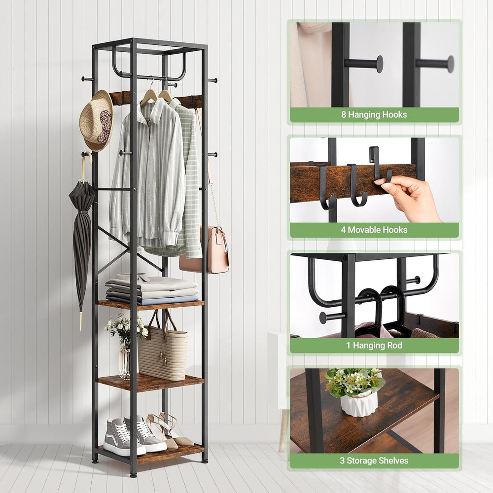 ELYKEN Coat Rack Freestanding, Hall Tree with 3 Storage Shelves and 12 Hooks,...